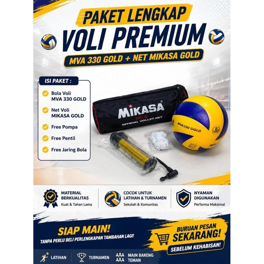 Mikasa Paket Bola Volly MVA330 & Net Gold - Bola Voli Ukuran 5 Kulit PU Leather - Cocok untuk Pertan