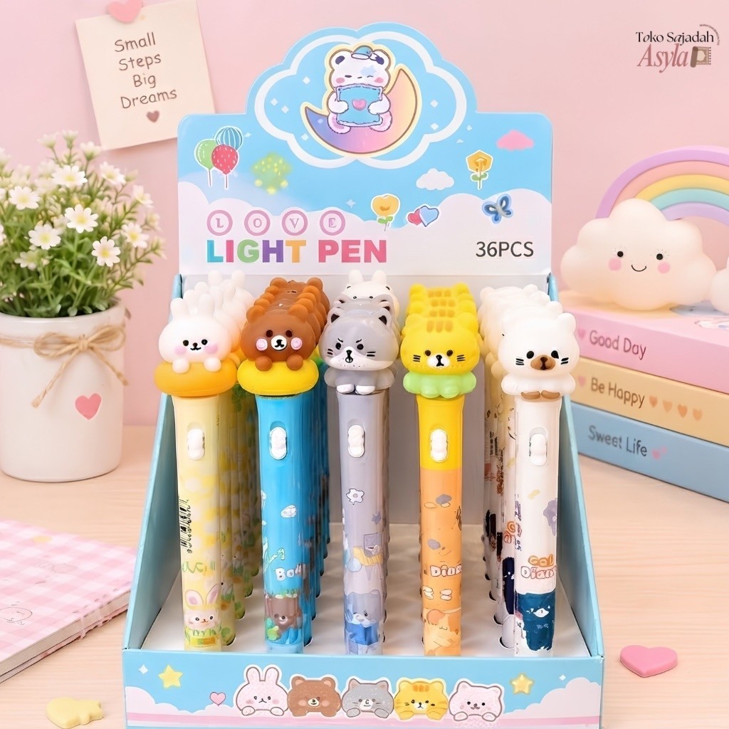 Pulpen Karakter Lucu Nyala LED Karakter animal Bunny Bear Cat Lion Kitty