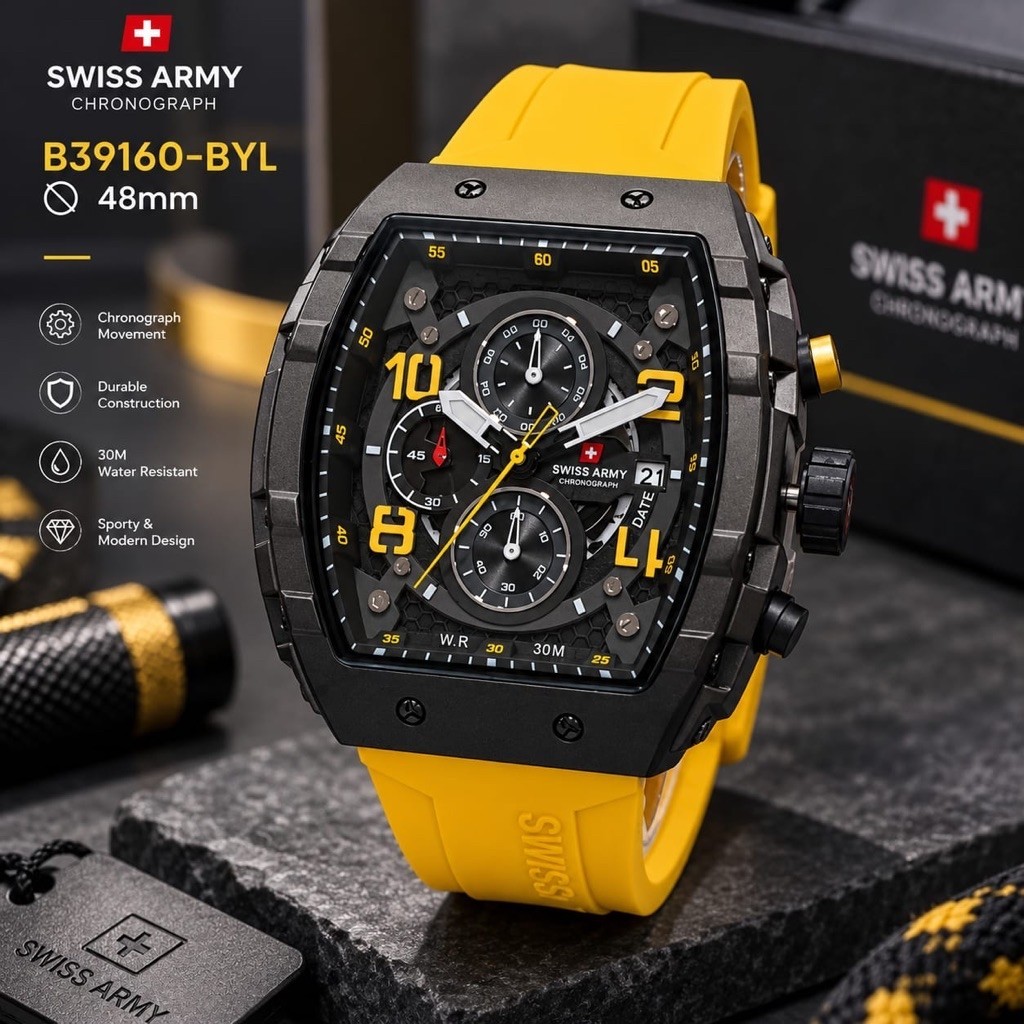 New Arrival Jam Tangan Pria Swiss Chronograph Stopwatch Date Silicone Rubber Strap Include Box & Bat