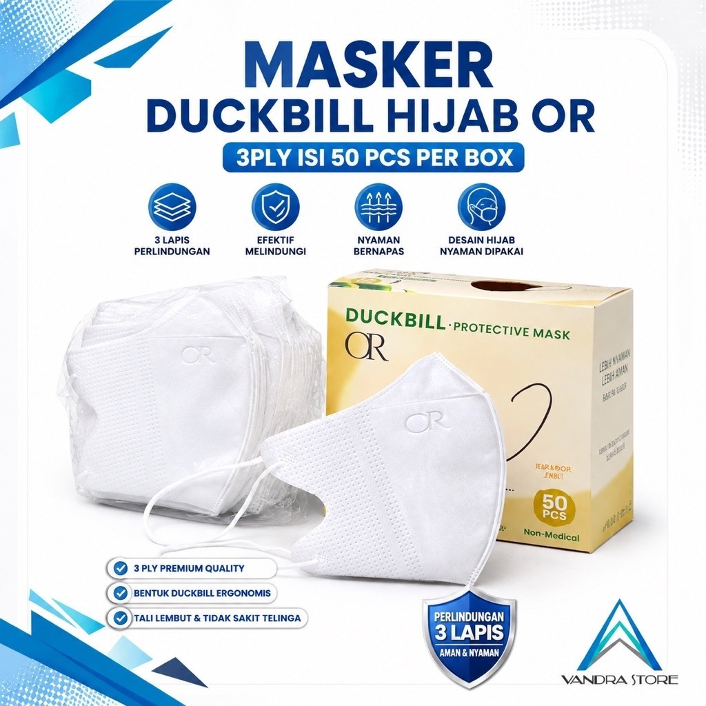 Masker Duckbill Hijab Premium OR Tali Kuat Anti Putus 1 Box Isi 50 Pcs