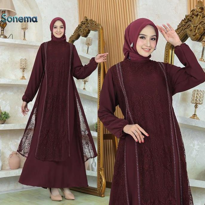 Gamis Sonema Crinkekel Air Flow Kombinasi Brokat Simple Elegan