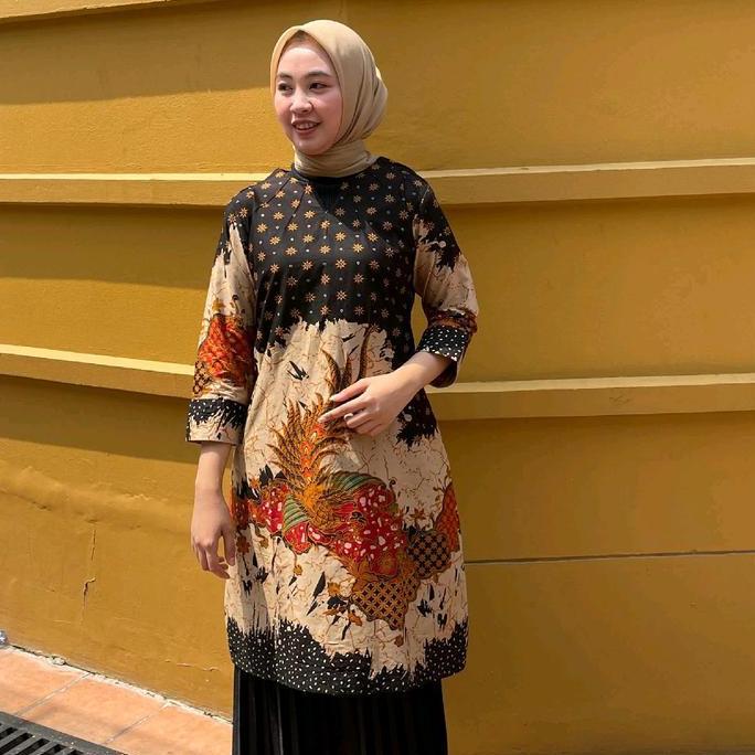 New- Tunik Batik Motif Kasri Bahan Katun Model Resleting Belakang Kain Kombinasi Hitam ( Tangan Rand