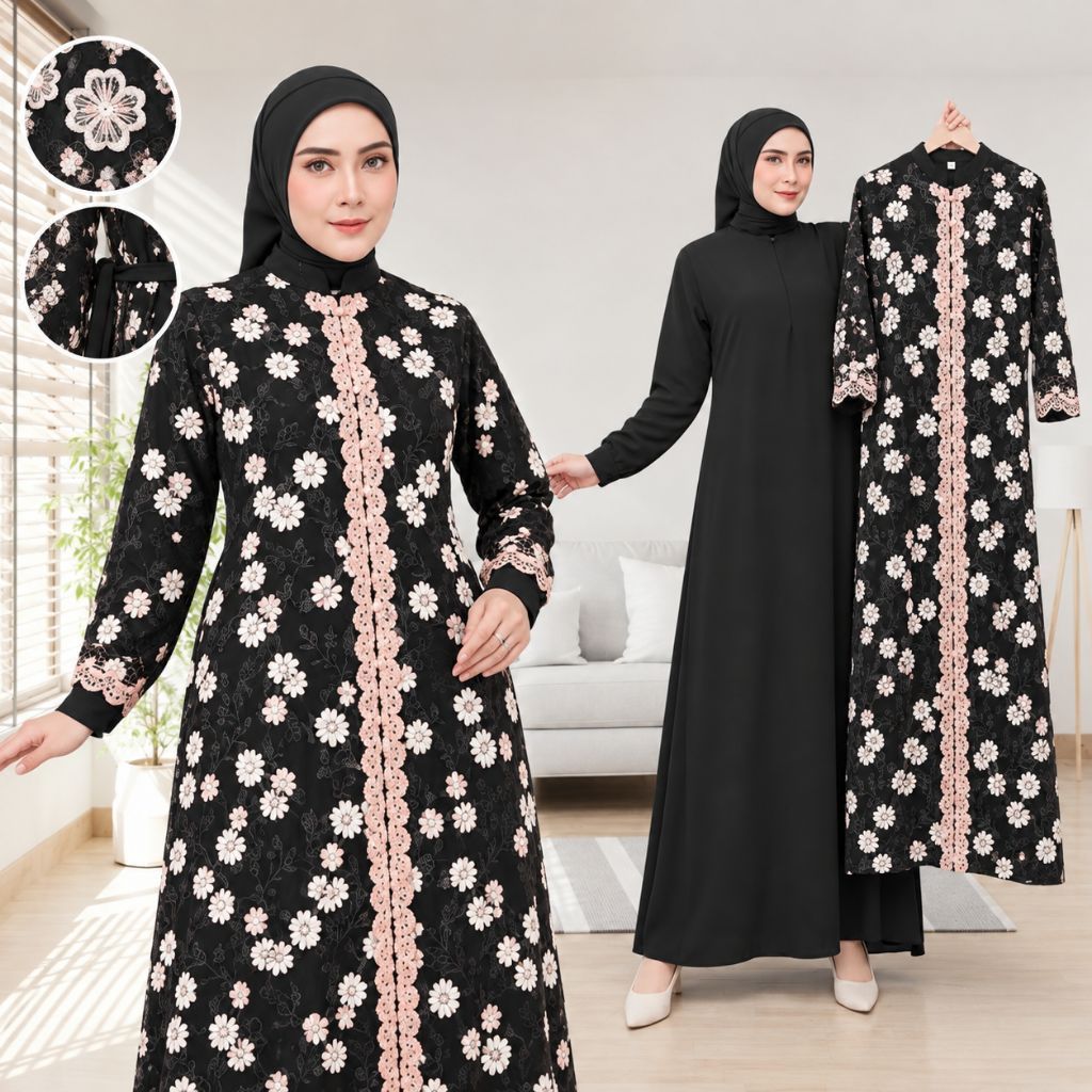Gamis Wanita Nadia Tille Premium Muslimah Motif Bunga Outer Tille Sewarna Dalaman Long Dress Polos M