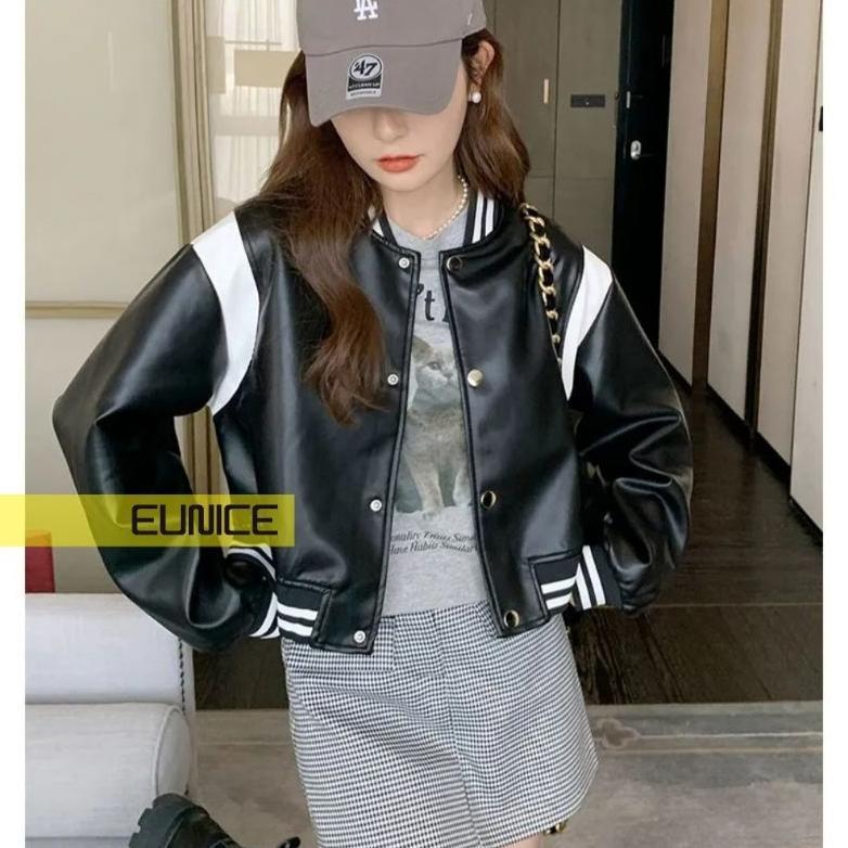 Free Ongkir Jacket Kulit Wanita Varsity Crop Baseball Two Tone