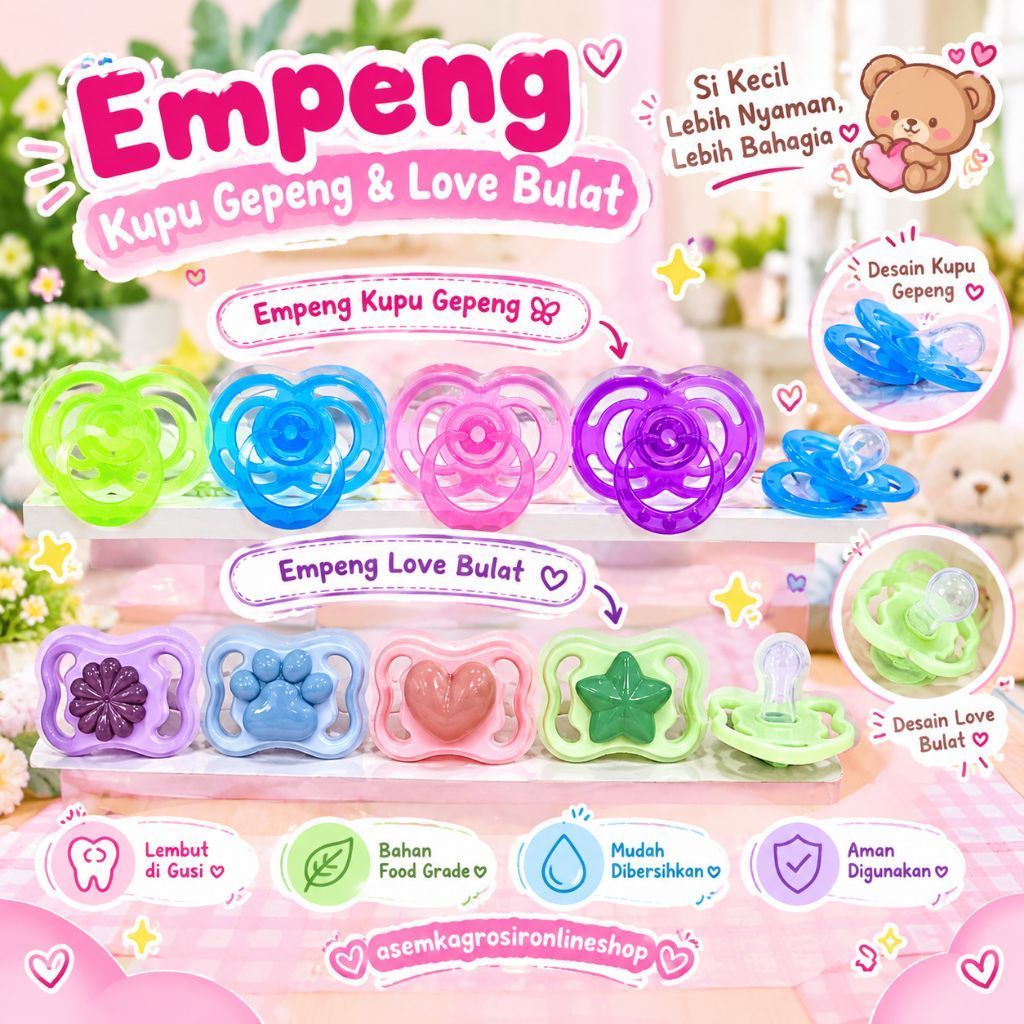 EMPENG KUPU LOVE termurah / empeng bayi gepeng bulat murah / empeng dot gepeng bulat bayi