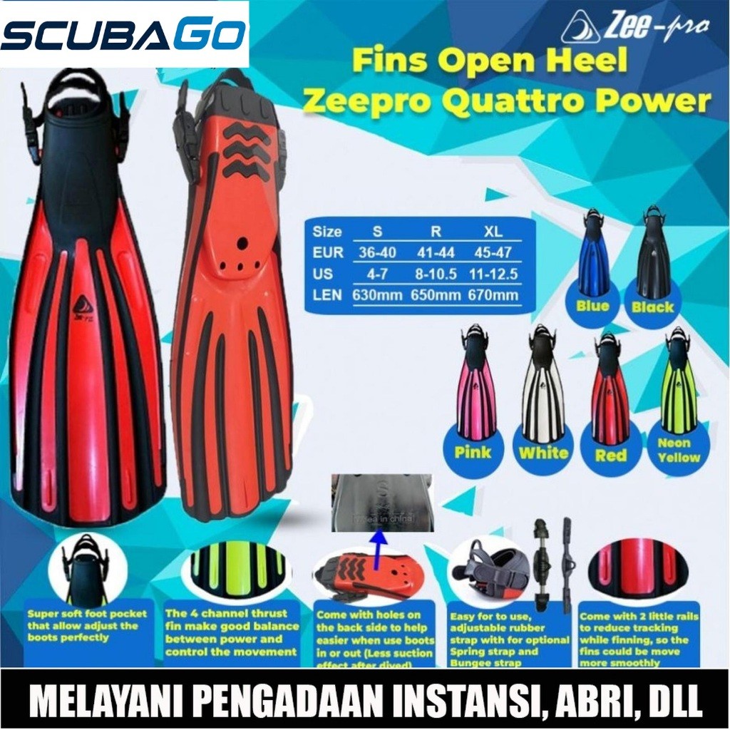 Fin Zeepro Quattro Rec Power Fins Open Heel Scuba Diving Kaki Katak Selam Sepatu Bebek Dive