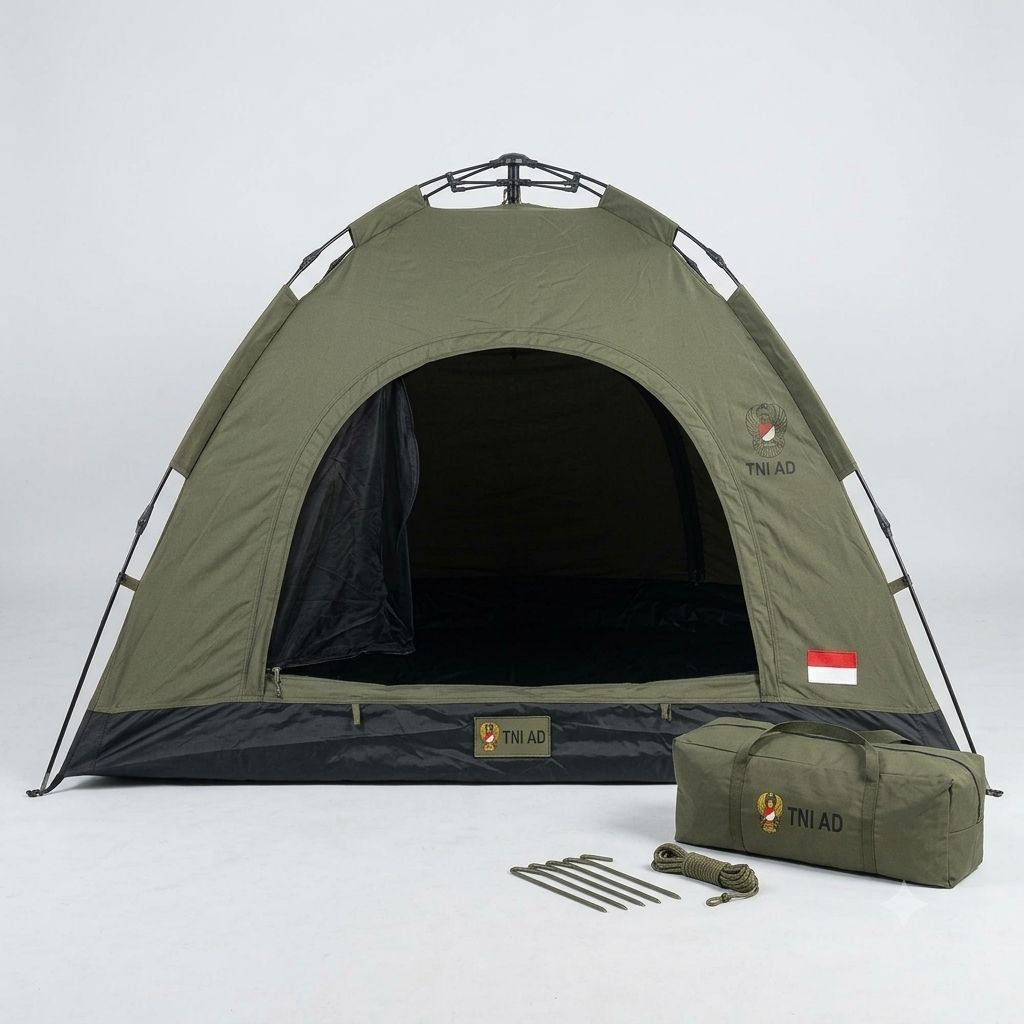 Tenda Camping Dome TNI AD warna hijau portable dengan tiang dan tas penyimpanan