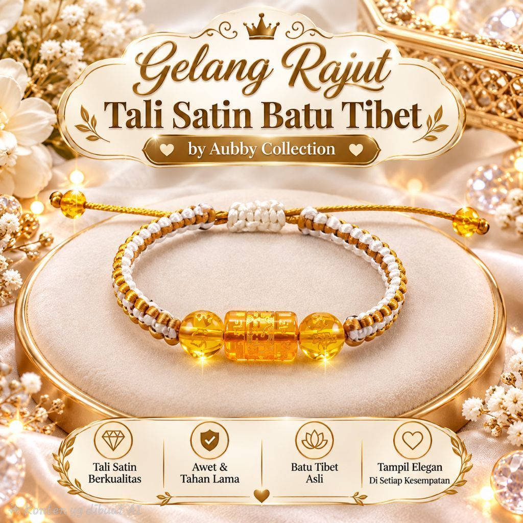 Gelang Rajut Tali Satin Batu Tibet Aubby Collection warna emas putih