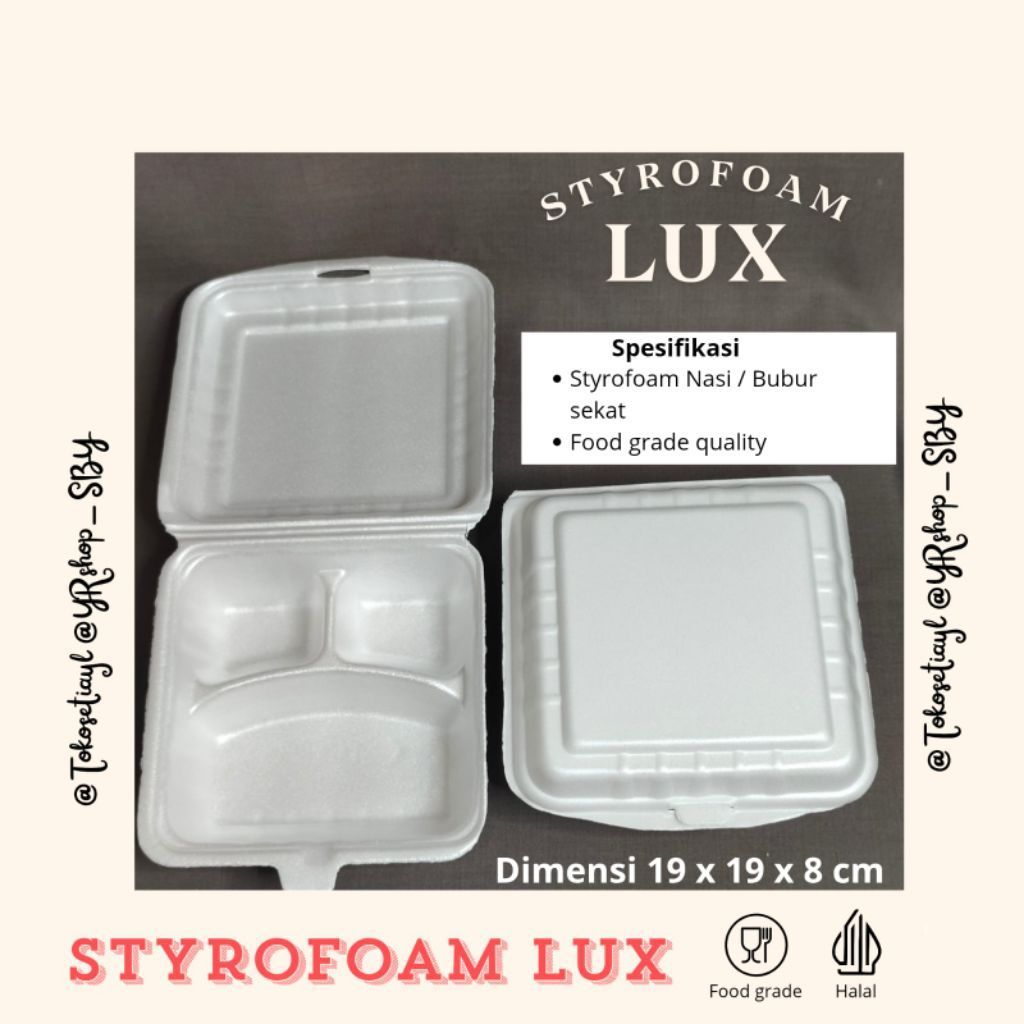 Styrofoam Lux Nasi Bubur Sekat Makanan 19x19x8 cm mutu makanan / kotak nasi styrofoam lux L03 polos