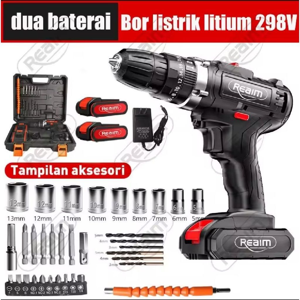 REAIM mesin bor baterai tangan 98v 1 baterai