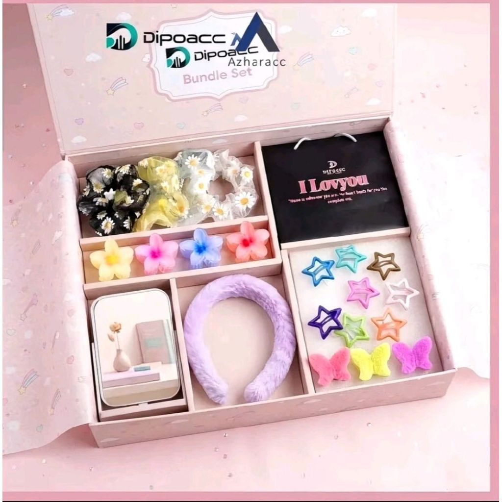 Dipoacc Azharacc Bundle Set Aksesoris Rambut Wanita dalam Kotak Berlian Bunga Kelereng Pita Star Kup