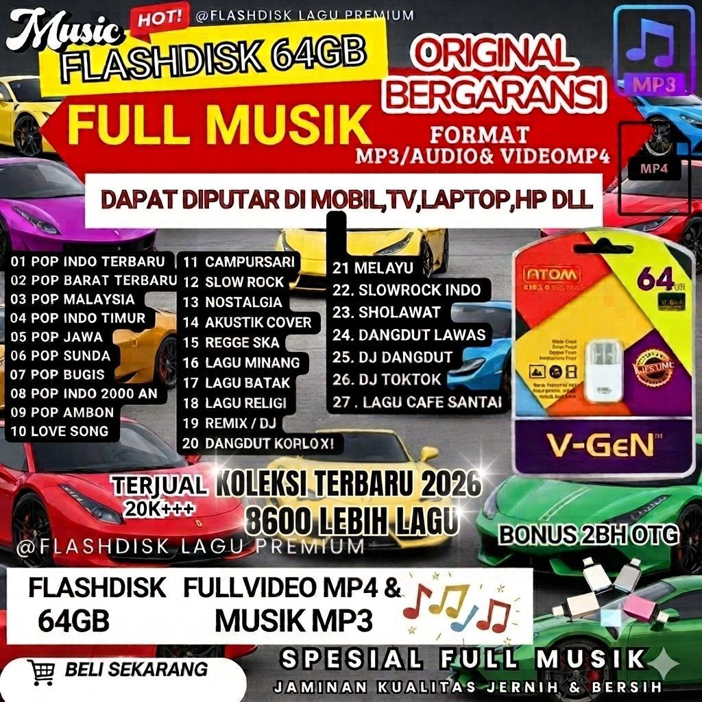 USB FLASHDISK LAGU 64GB 8600 LEBIH LAGU MP3MP4 BERBAGAI GENRE flashdisk usb flash original bergarans