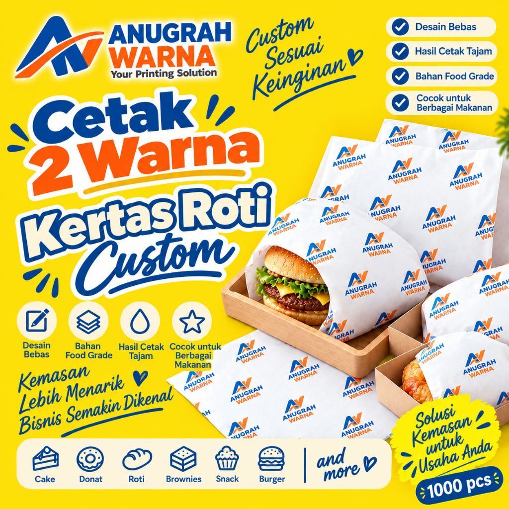 CUSTOM Kertas Roti Foodgrade 1000 Pcs /cetak kertas roti custom / cetak logo / burger / kertas Kenta