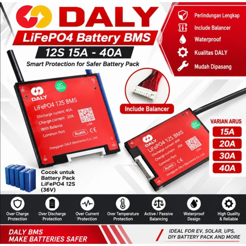 Lifepo4 BMS Daly 12S 36V Waterproof 20-80A type Common