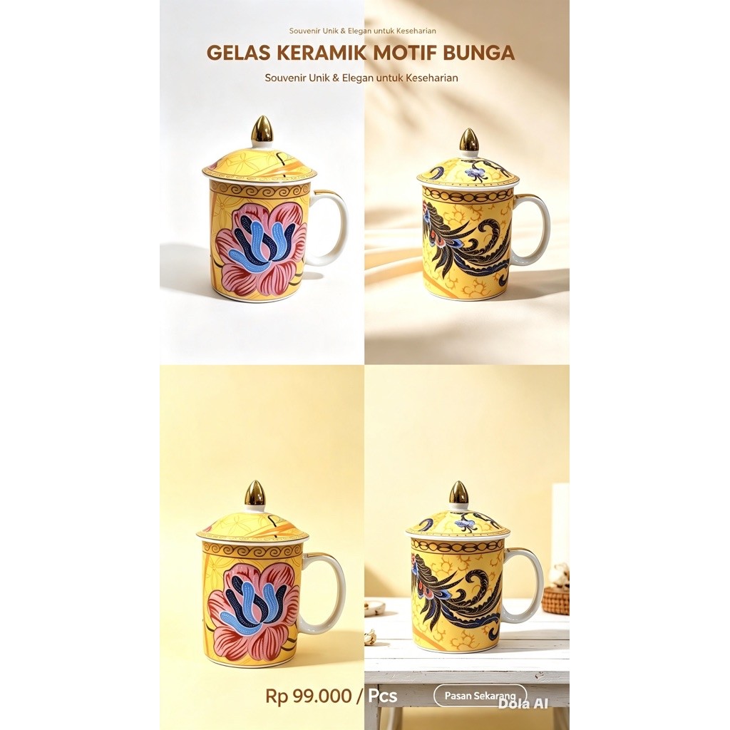Gelas Mug Keramik Gelas Mug + Tutup Motif Batik Bunga Mewah