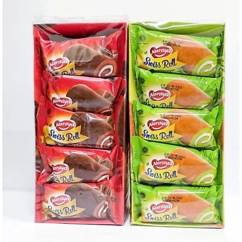 Kue Bolu Swiss Roll NARAYA Rasa Cokelat & Pandan Kelapa | isi 20 pcs.
