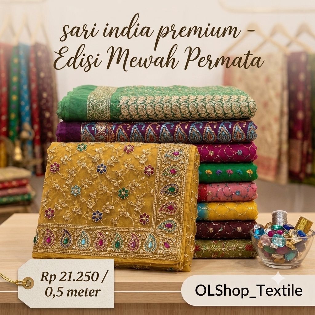 PART 2 | Kain Sari India Premium Edisi Mewah Permata Harga 0,5 Meter Motif Bordir Renda Warna / Kain