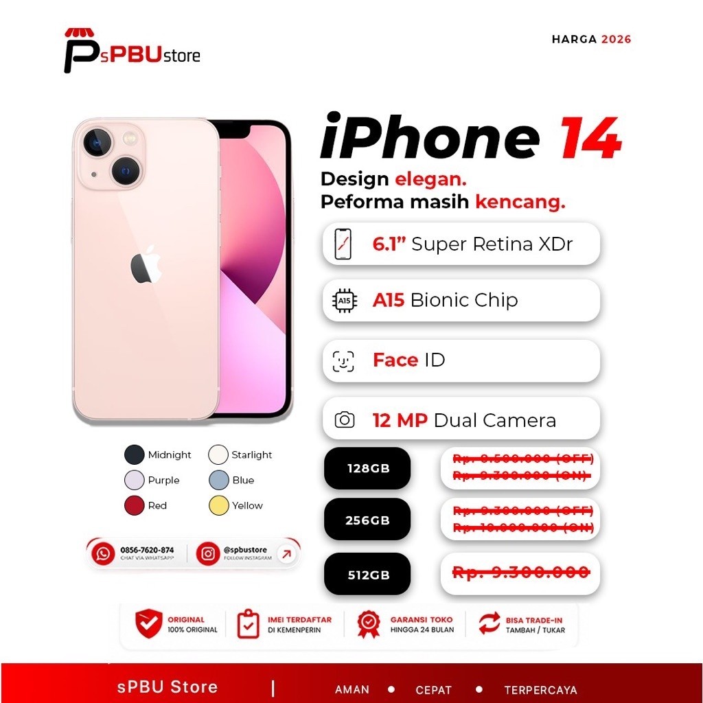 iPhone 14 128GB 256GB 512GB Original Second A15 Bionic 6GB RAM Kamera 12MP