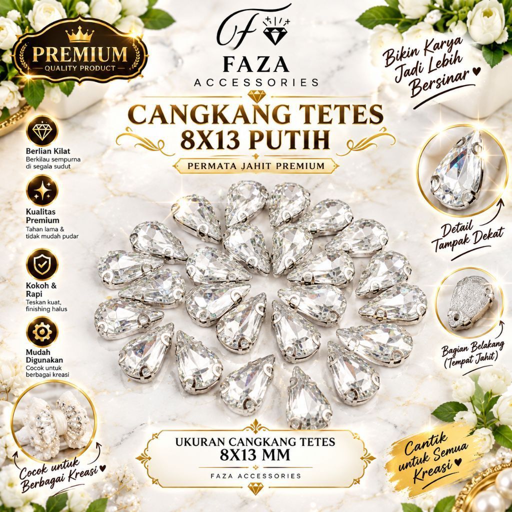 [25 Pcs] Cangkang Tetes 8x13 Putih - Diamond cangkang - Mata Cangkang - Payet Cangkang - Tetes Cangk