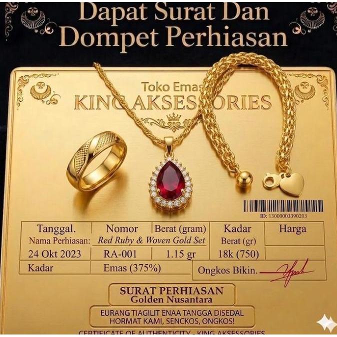 Set Perhiasan Emas Muda Asli Wanita Kalung Liontin Merah Zirkon Free Dompet Lengkap Surat Perhiasan