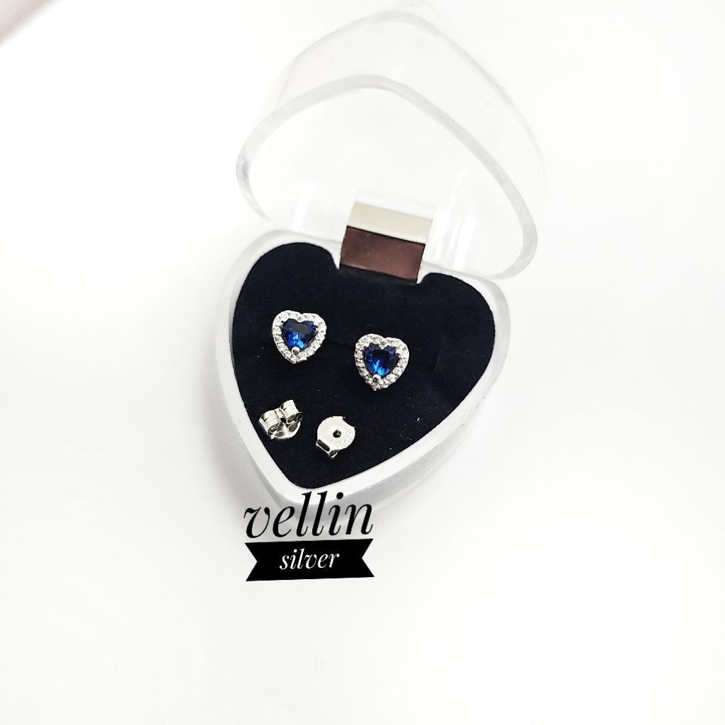 Giwang Love Hati Mata Biru Silver 925 Lapis Emas Putih - Anting Tusuk Anting Stud Perak 925 Ori