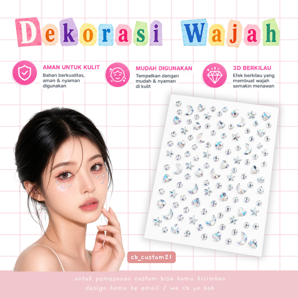 Set Stiker Wajah 3D Kristal Manik-Manik Mudah Ditempel