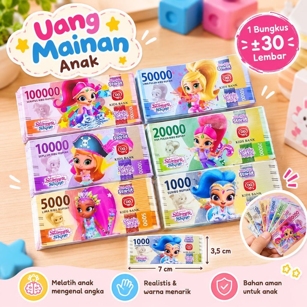 Uang Mainan Anak Karakter Kertas  Multicolor Pecahan Random Banyak Gambar