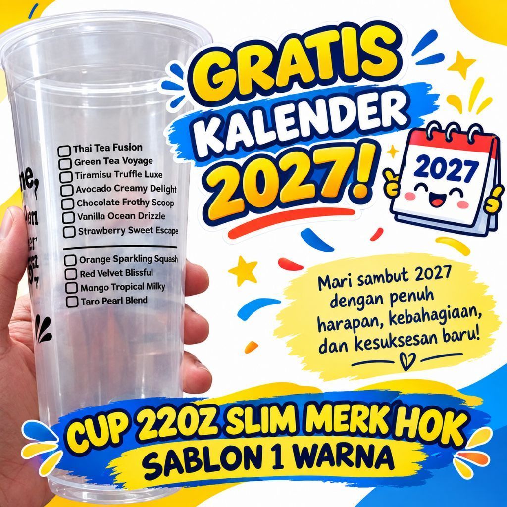 cup plastik merk hok 22oz  18oz, gelas cup slim hok 22oz sablon