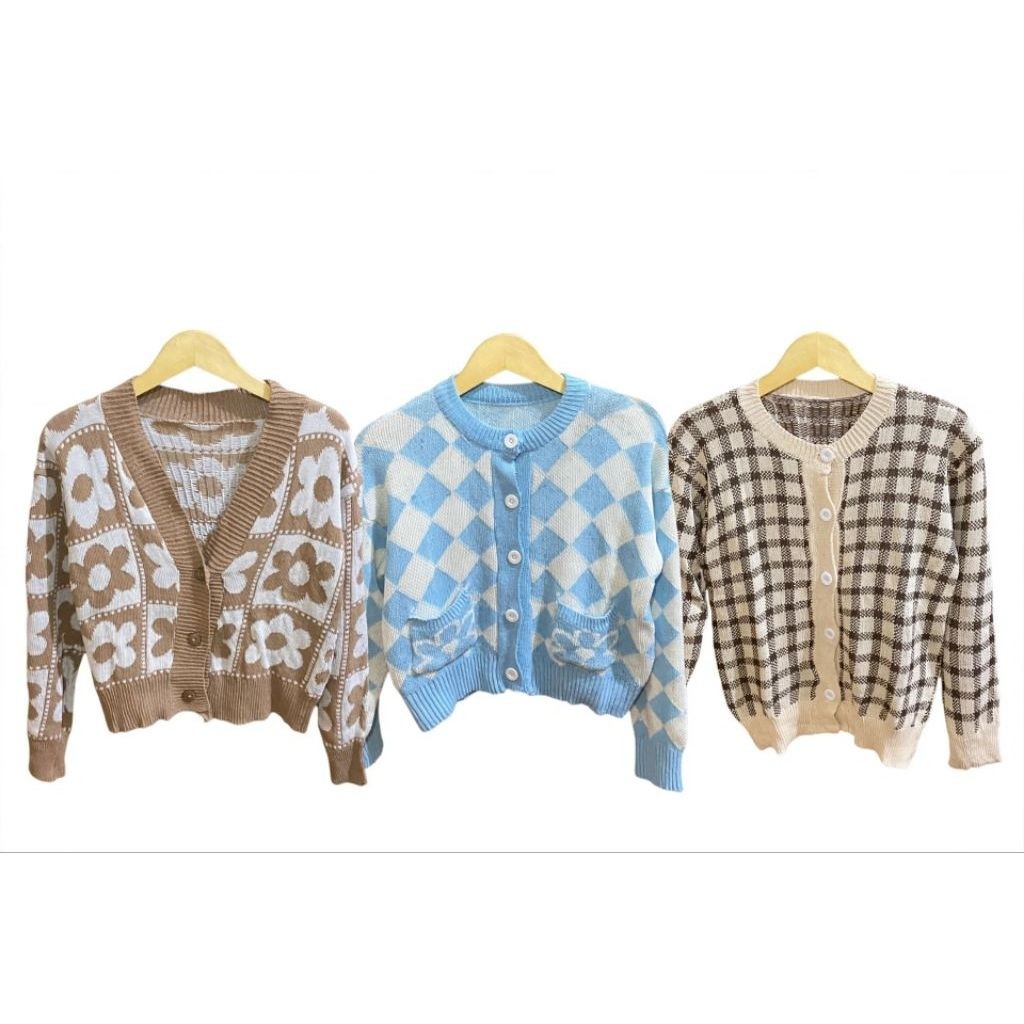 Cardigan Rajut Motif Korean - Cardigan Bunga Kotak Biru Gingham - Outer Oversize Premium