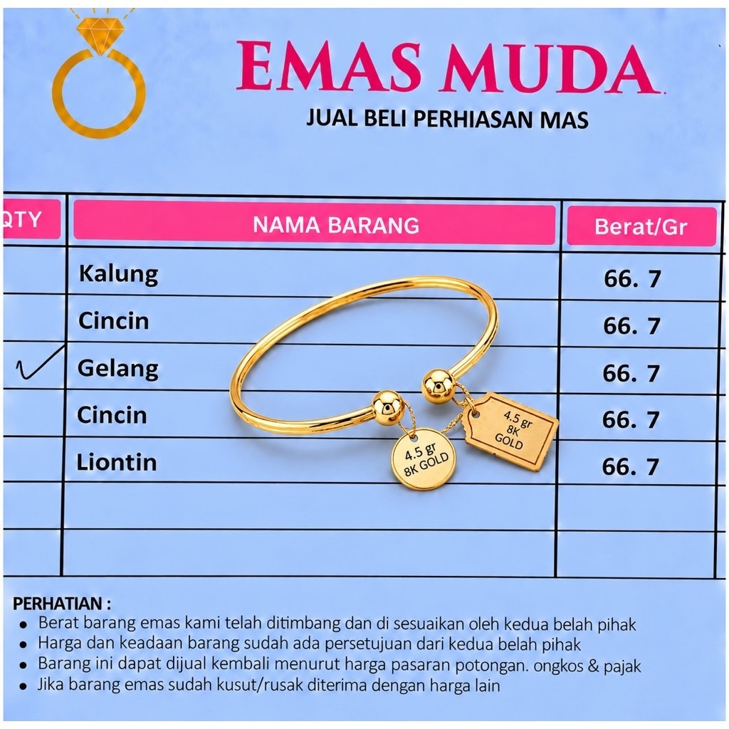 gelang tangan emas muda asli anak motif dua bola dapat surat