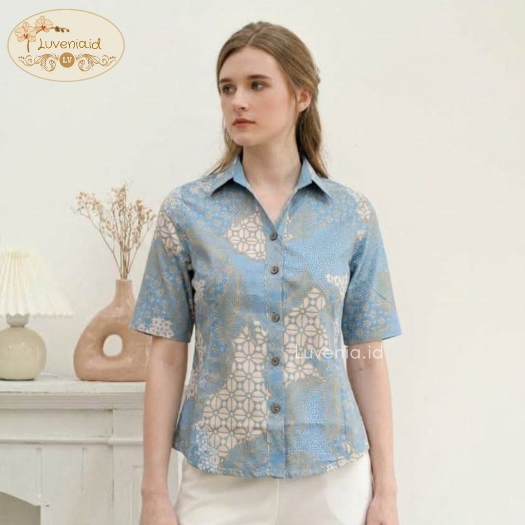 Atasan Kemeja Batik Wanita 342 ICE BLUE - Batik Modern / Blouse Batik / Seragam Batik / Batik Couple