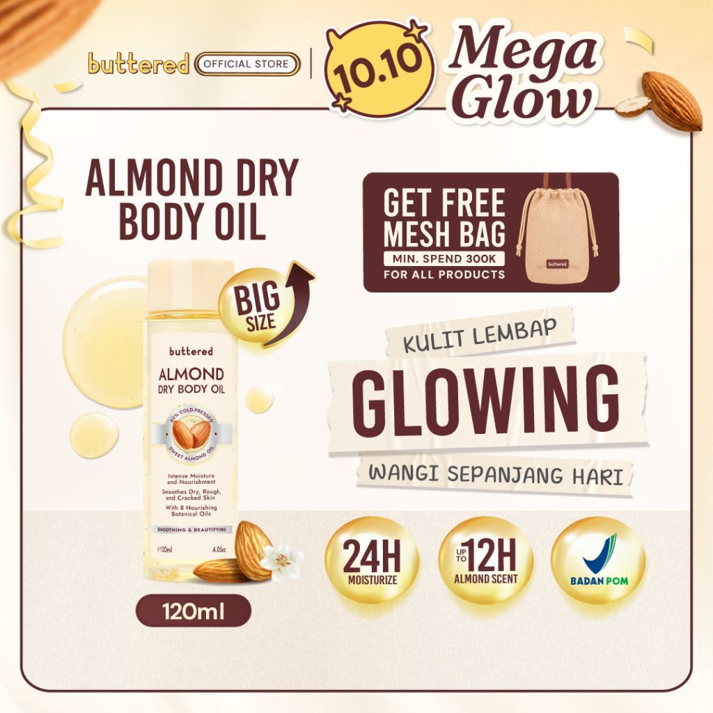[Upsize 120ml] Buttered Almond Dry Body Oil Upsize 120ml  Dry Body Oil Premium dengan 60% Sweet Almond Press Melembapkan Menghaluskan