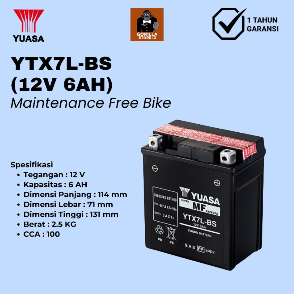 Baterai Aki YUASA Maintenance Free Bike 12V 6AH - YTX7L-BS