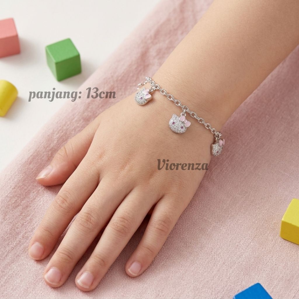 GELANG TANGAN ANAK VARIASI HELLO KITTY  PERAK ASLI 925 LAPIS EMAS PUTIH /PERHIASAN GELANG SILVER ANA