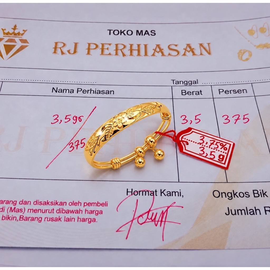 gelang tangan emas muda asli anak motif lonceng dapat surat