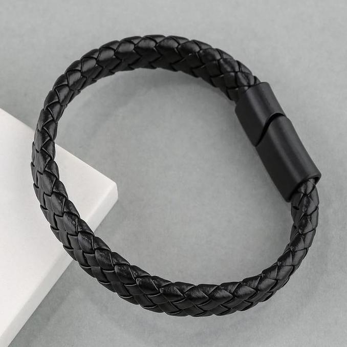 TM Hitam Gelang Perhiasan Pria Gelang Kulit Kepang Buatan Tangan, Gelang Hadiah Gesper Magnetik Besi