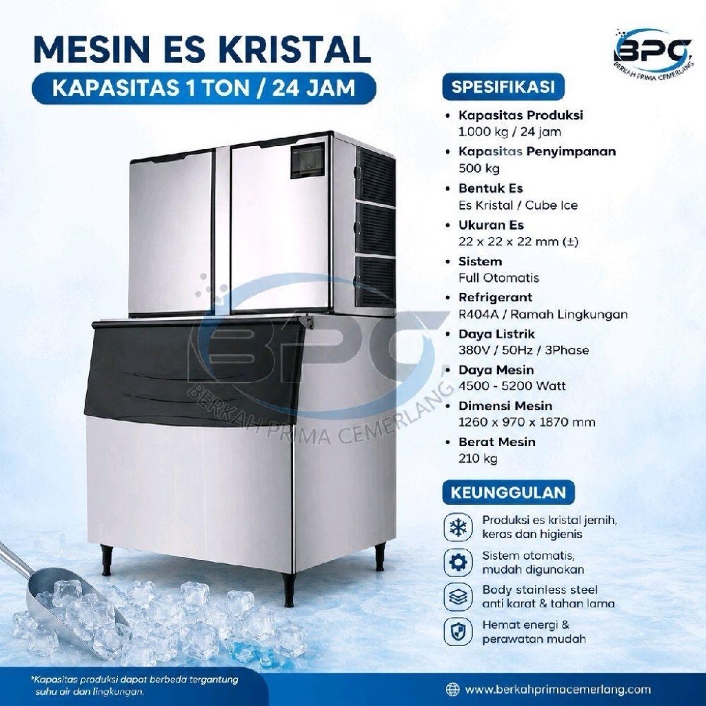 Mesin Es Batu Kristal 1 Ton Commercial Ice Maker 1000KG/24Jam Ice Cube Machine 1000Kg HZB 1000
