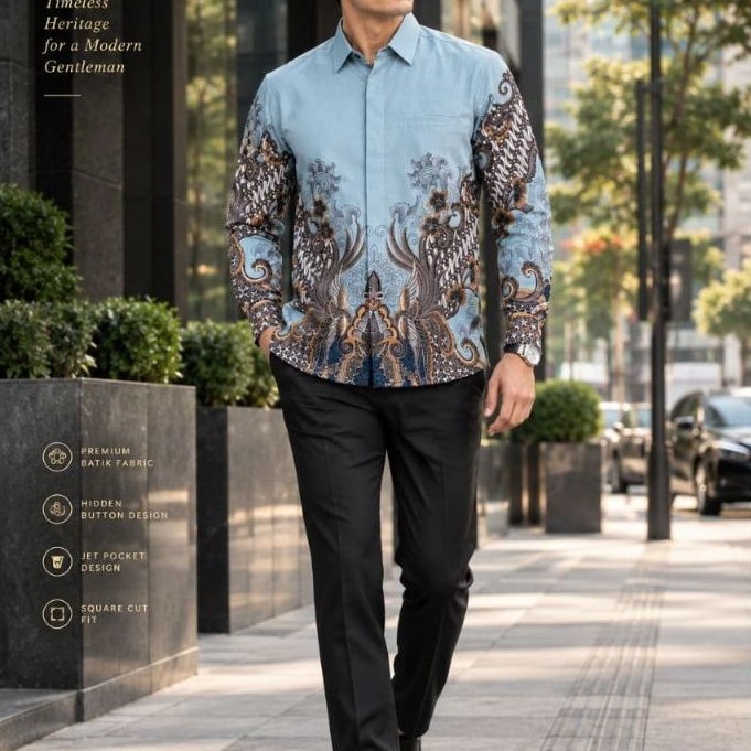 kemeja batik printing Premium Blue panjang pendek # Blue ice
