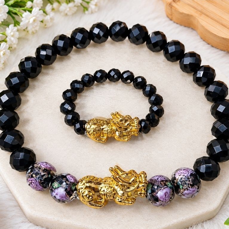 SALE 1 Set cincin dan gelang manik manik hitam motif naga emas aksesoris wanita