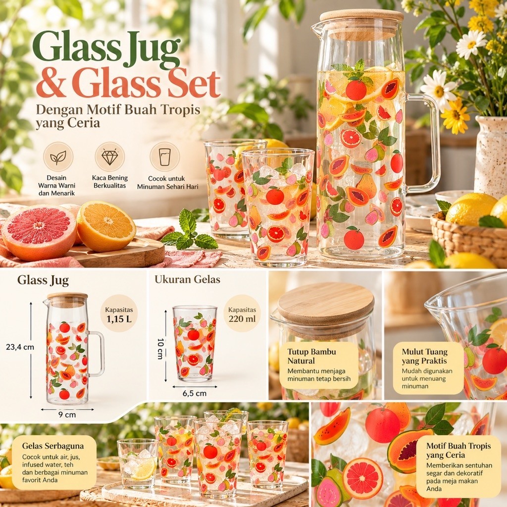 SALE Set Teko dan Gelas Kaca Motif Buah Tropis 1,15L Tutup Bambu Estetik Lucu Unik FLYING TIGER