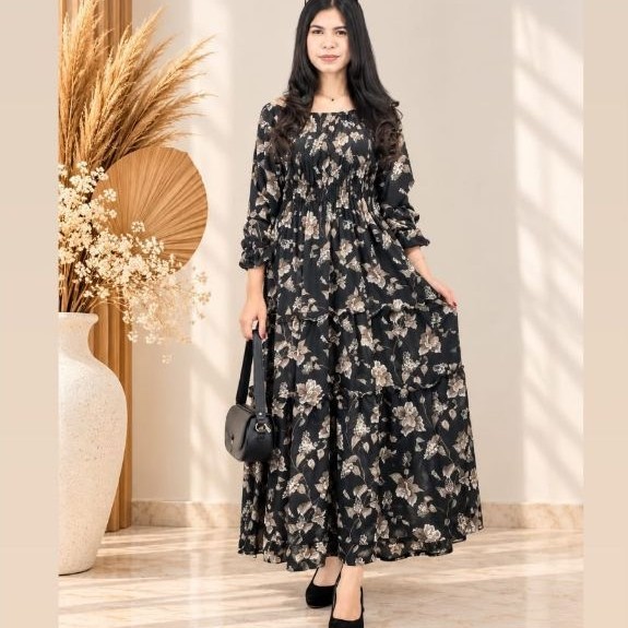 FLORAL MAXI DRESS RAYON – HITAM MOTIF BUNGA COKLAT