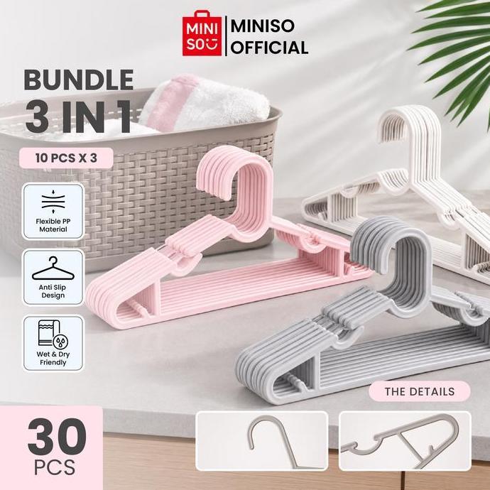 Miniso Hanger Baju Plastik Bundle 3 In 1  Gantungan Pakaian 30 Pcs | Hanger Lemari Serbaguna, Gantun