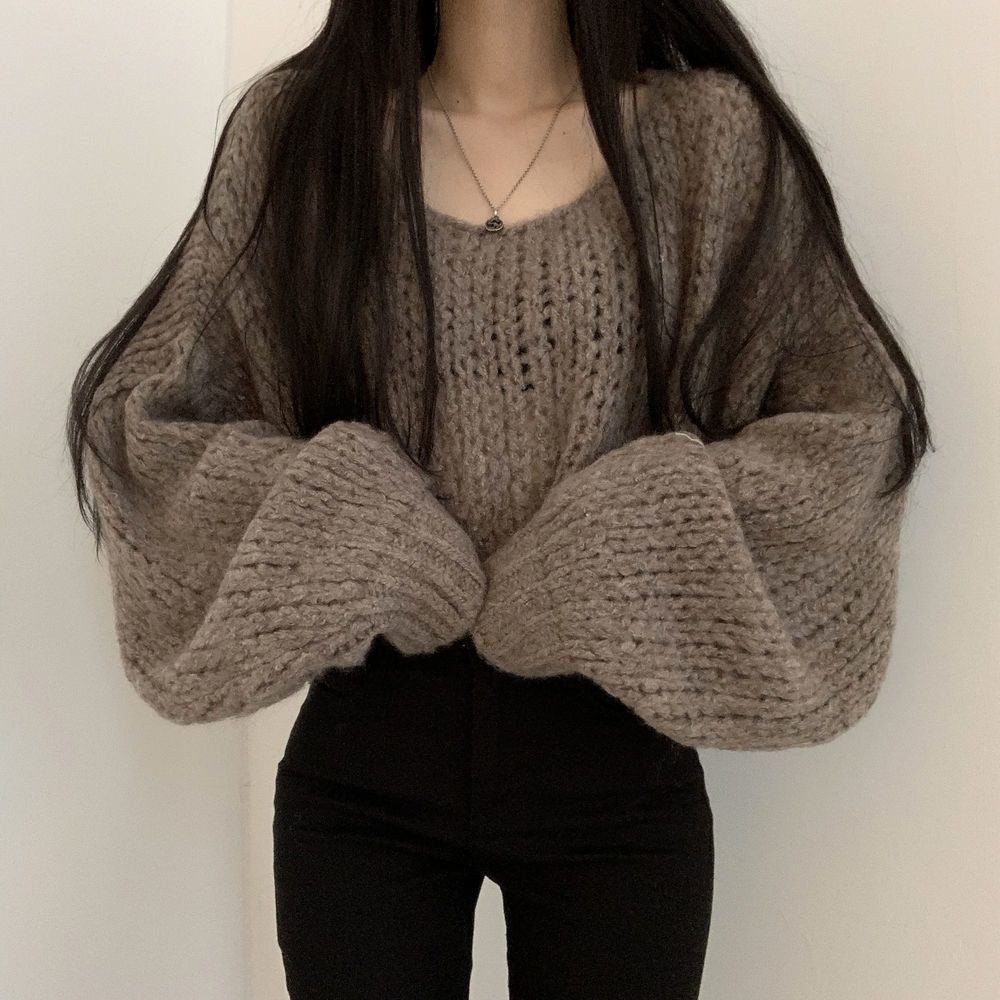 Wanita Serbaguna Pullover Berongga Sweater Rajut Longgar Pakaian Luar Lentera Lengan Sweatm