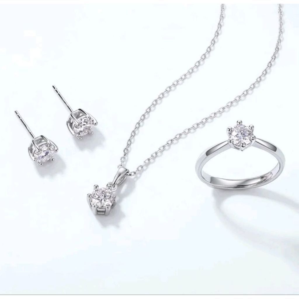 Perhiasan 1 Set Wanita Titanium Silver Kalung Cincin Anting Tahan Lama Anti Luntur
