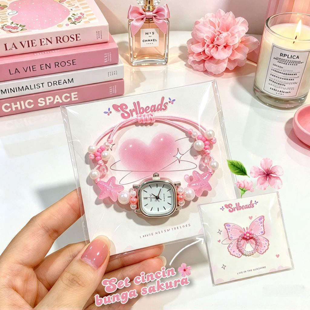 Jam tangan wanita manik pink starfish set cincin