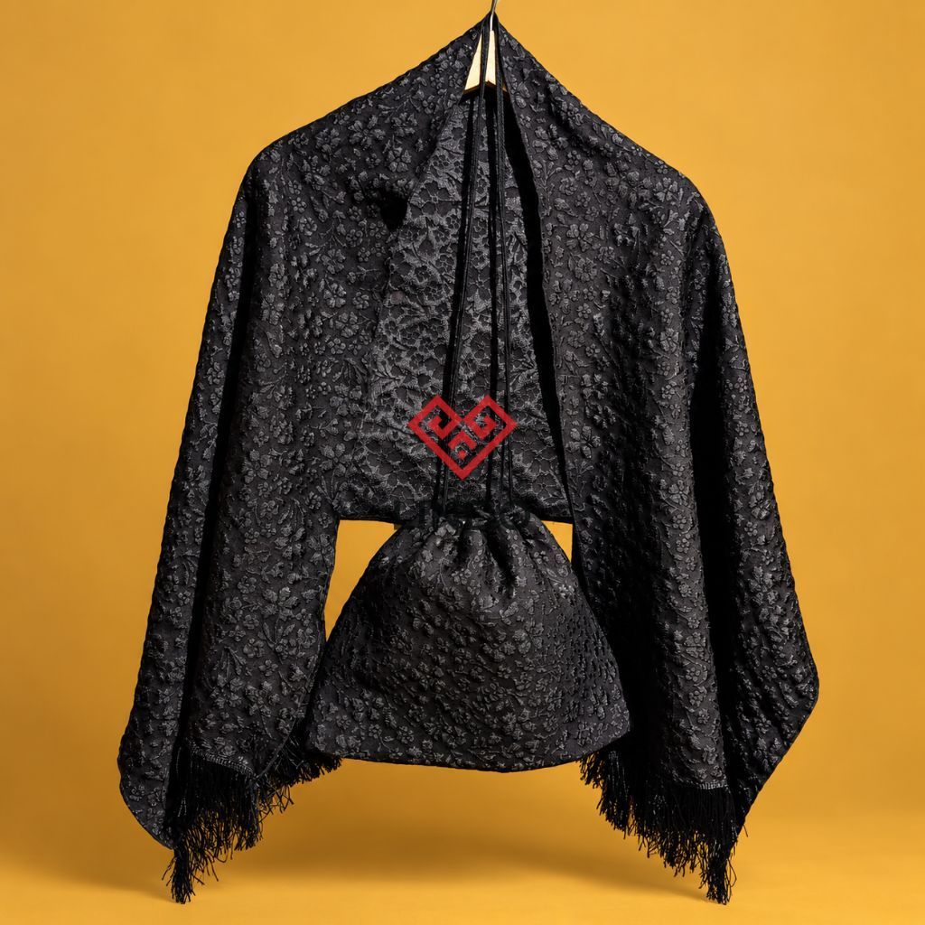 Set Selendang Manik dan Sepu'/Tas Bahu Toraja (Jacquard) (Hitam) (Kode: DF1022110)