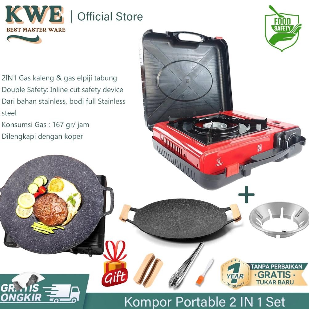 KWE Kompor Portable 2 IN 1 Gas Set Camping Outdoor Kompor Grill Portable + Panci wajan pemanggang + 