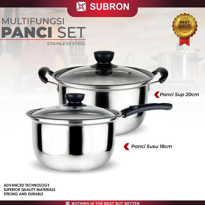 SUBRON Panci Susu 18cm + Panci Sup 20cm Set Panci Stainless Tutup Kaca