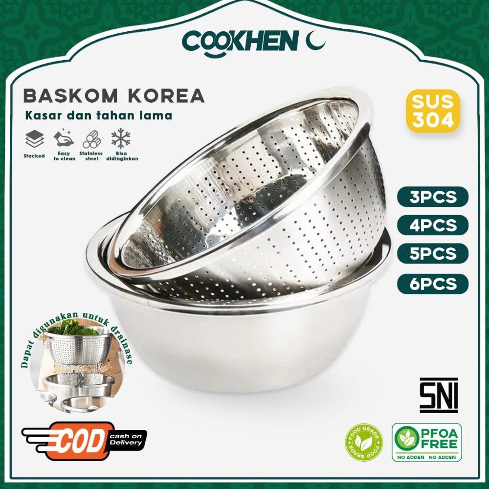 Cookhen Baskom Set 5in1 Wadah Baskom Stainless Baskom Cuci Beras Stainless Saringan Baskom Stainless