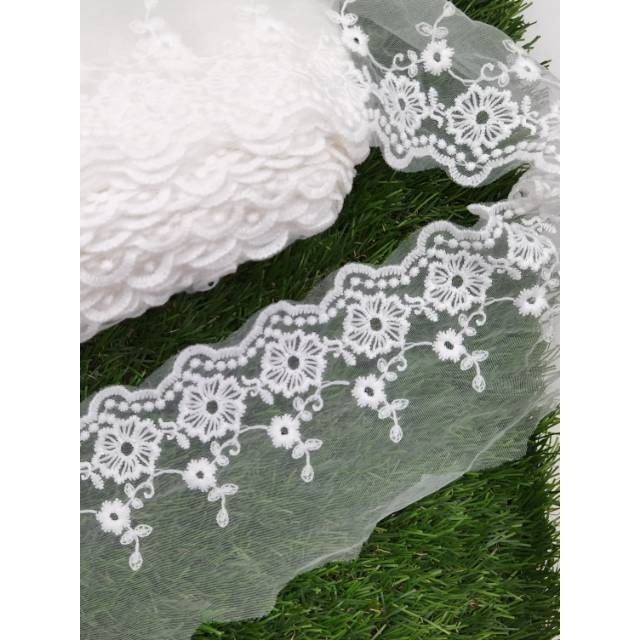 ( PER METER ) RENDA TILE MOTIF BUNGA MELATI WARNA PUTIH LEBAR 11 CM KUALITAS HALUS
